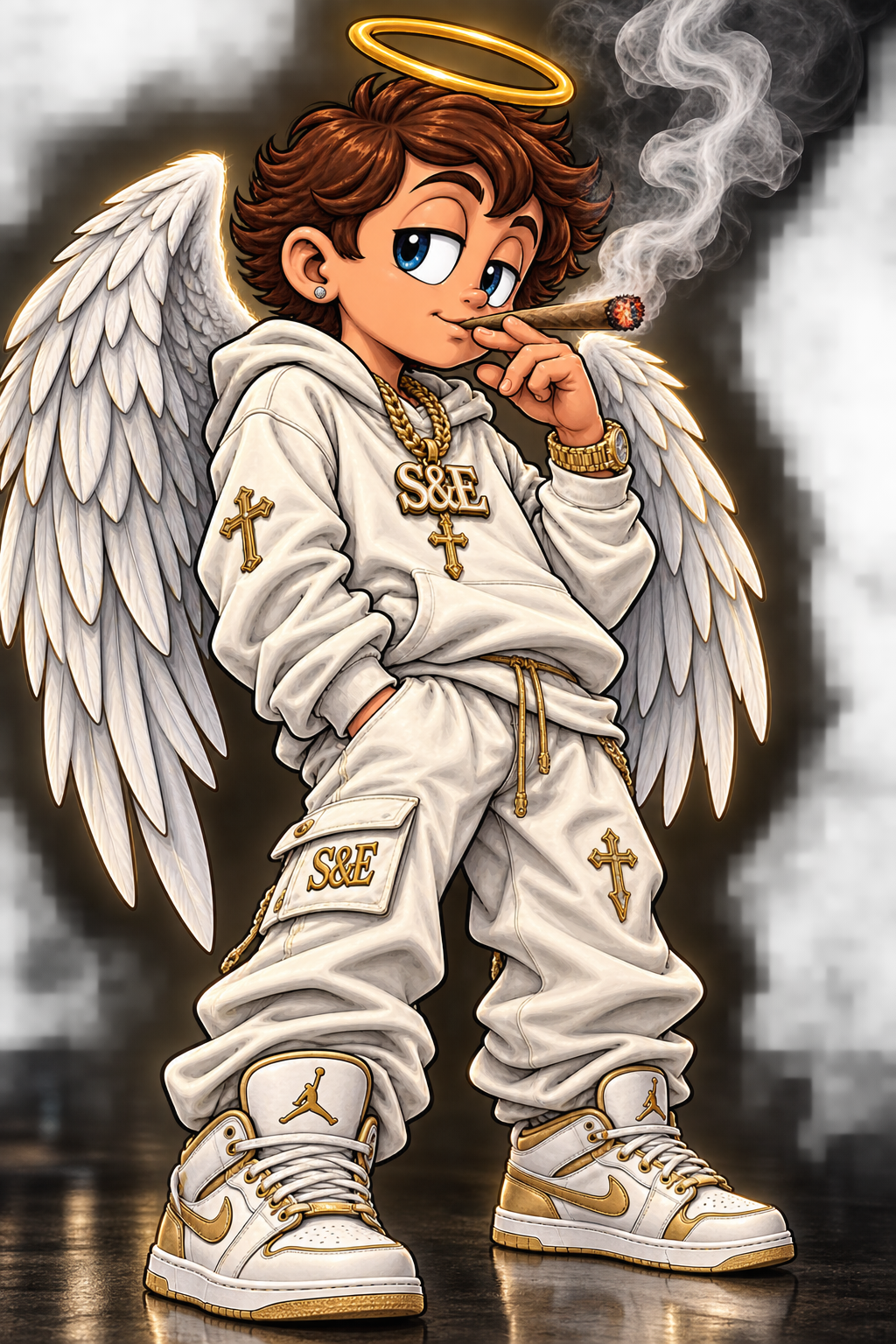 Angel character in a bone and gold tracksuit