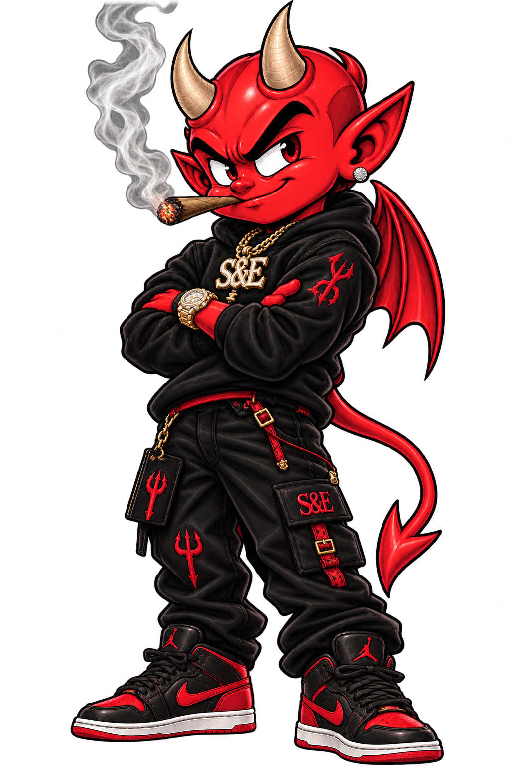 Devil character in the black and crimson signature tracksuit